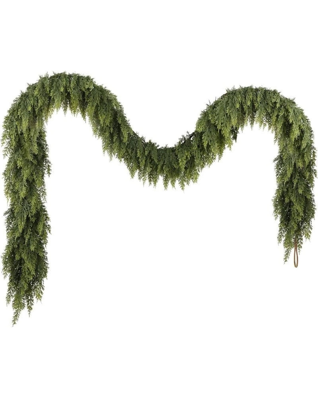 The artificial cypress garland on a plain white ground, swagged to show its length