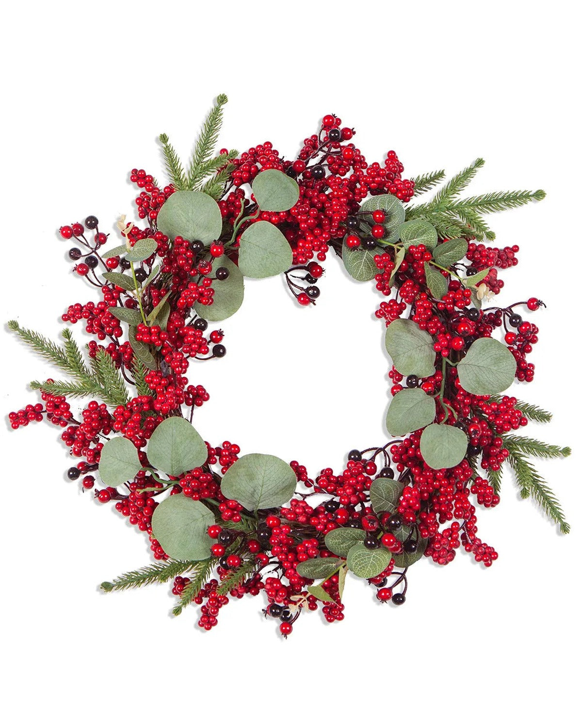 The berry and eucalyptus wreath on a plain white ground