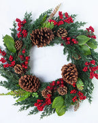 The cypress and pinecone wreath on a plain white ground