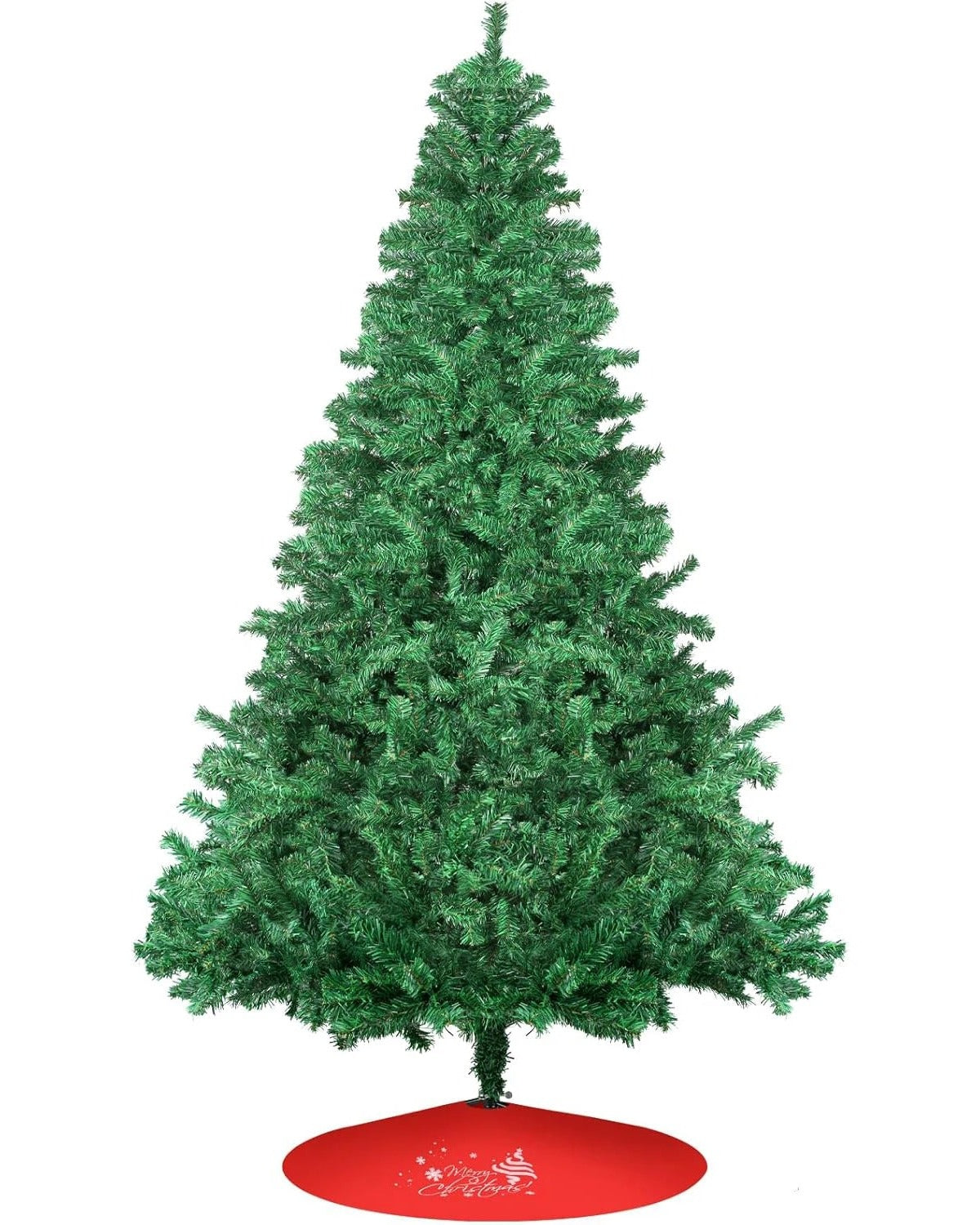 A green spruce Christmas tree on a plain white ground, standing on a red tree skirt
