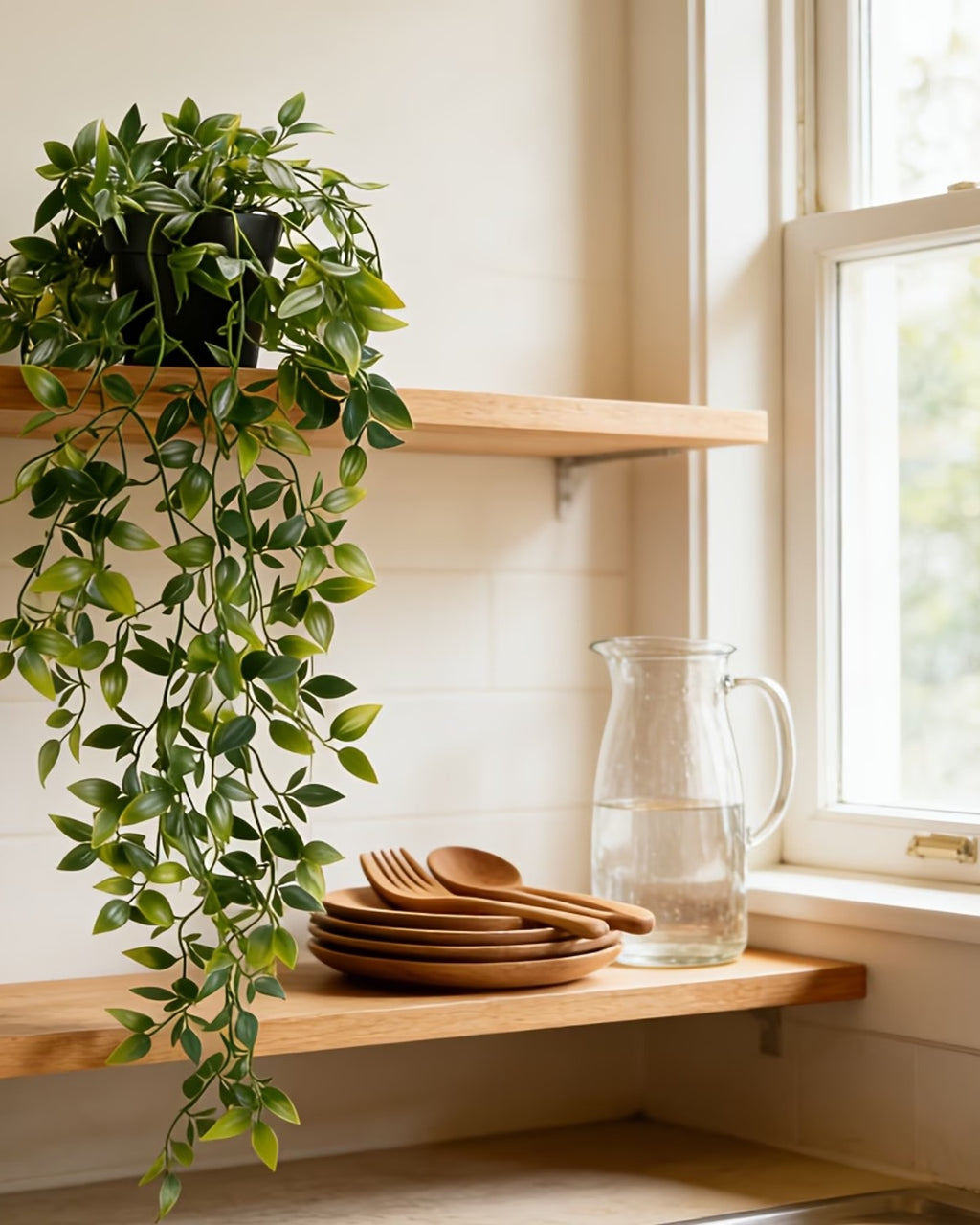 Artificial trailing vine on a kitchen shelf beside a glass jug and a stack of wooden plates
