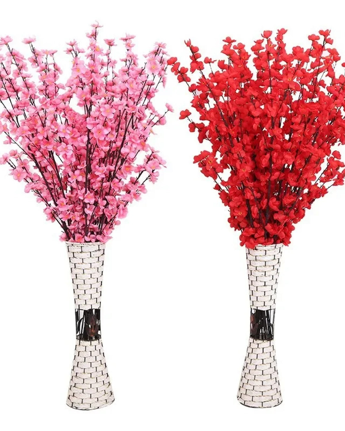 Two of the peach blossom branches arranged in woven vases; one branch per order, vases not included