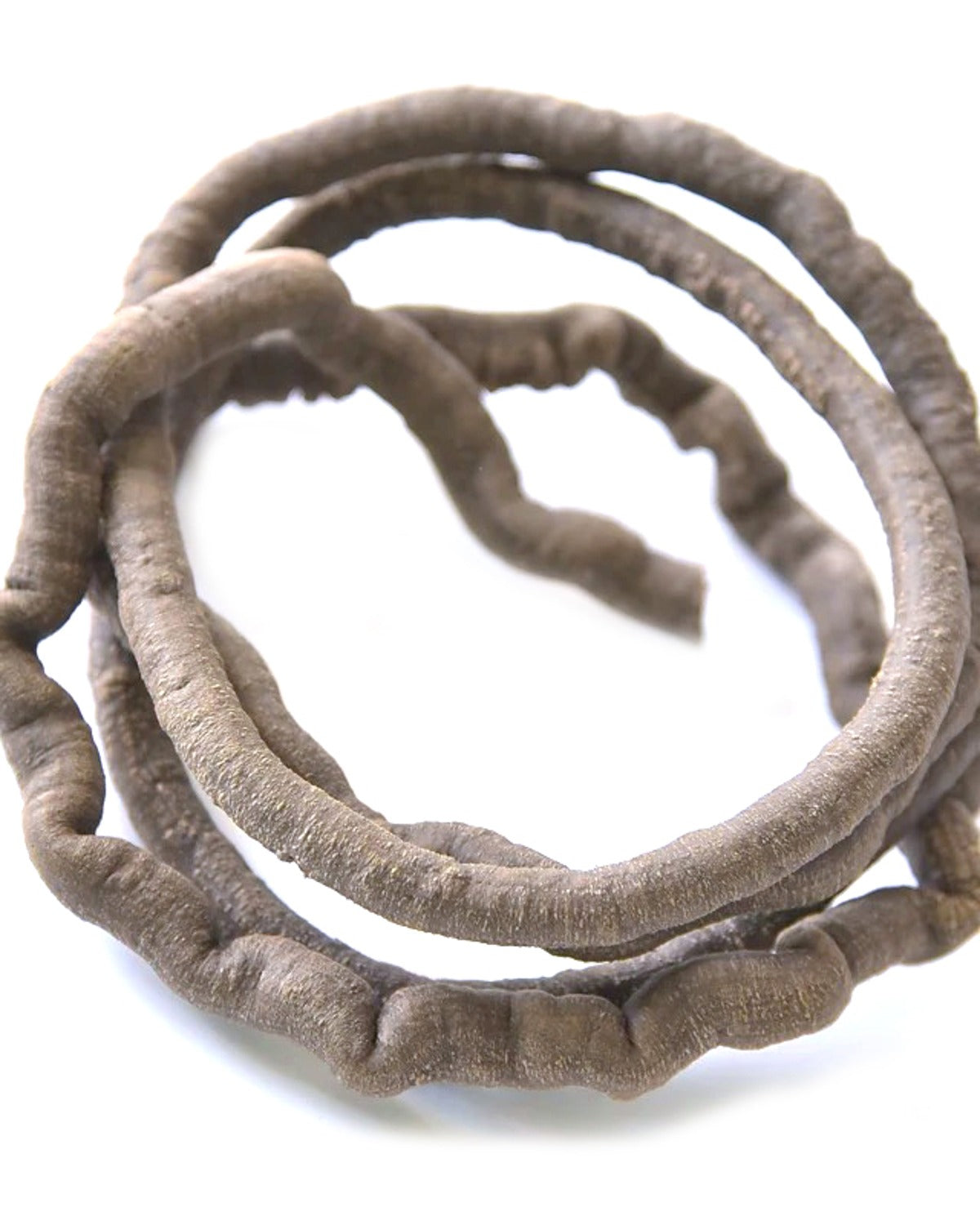 The brown artificial rattan vine coiled loosely on a plain white background