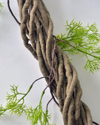 Close view of the bark texture along the brown vine, with a fern frond behind it