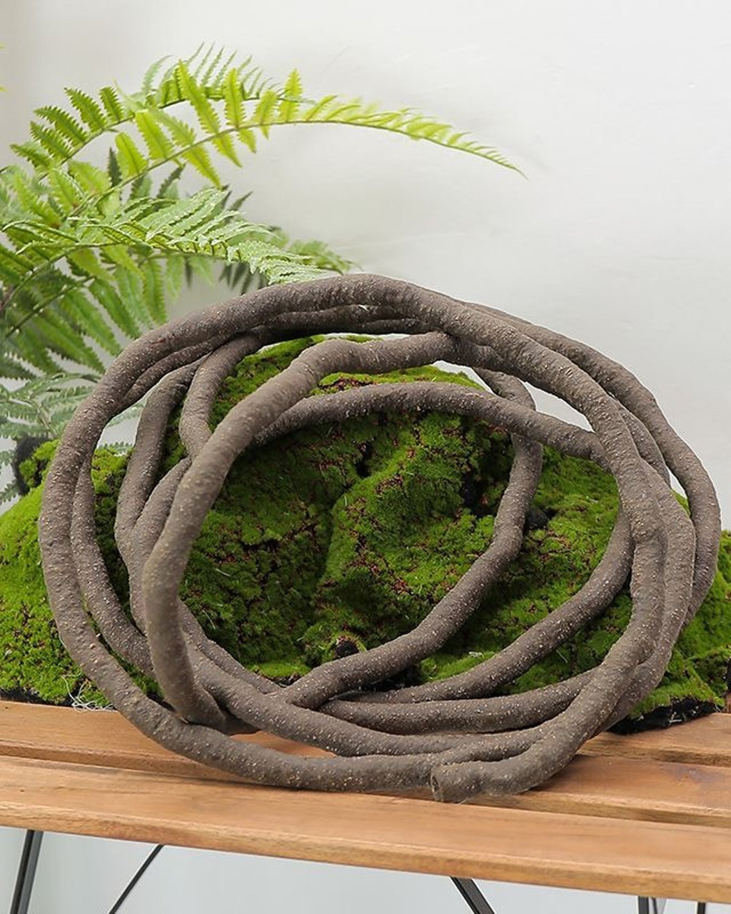 The coiled brown artificial rattan vine resting on a wooden table above a bed of moss