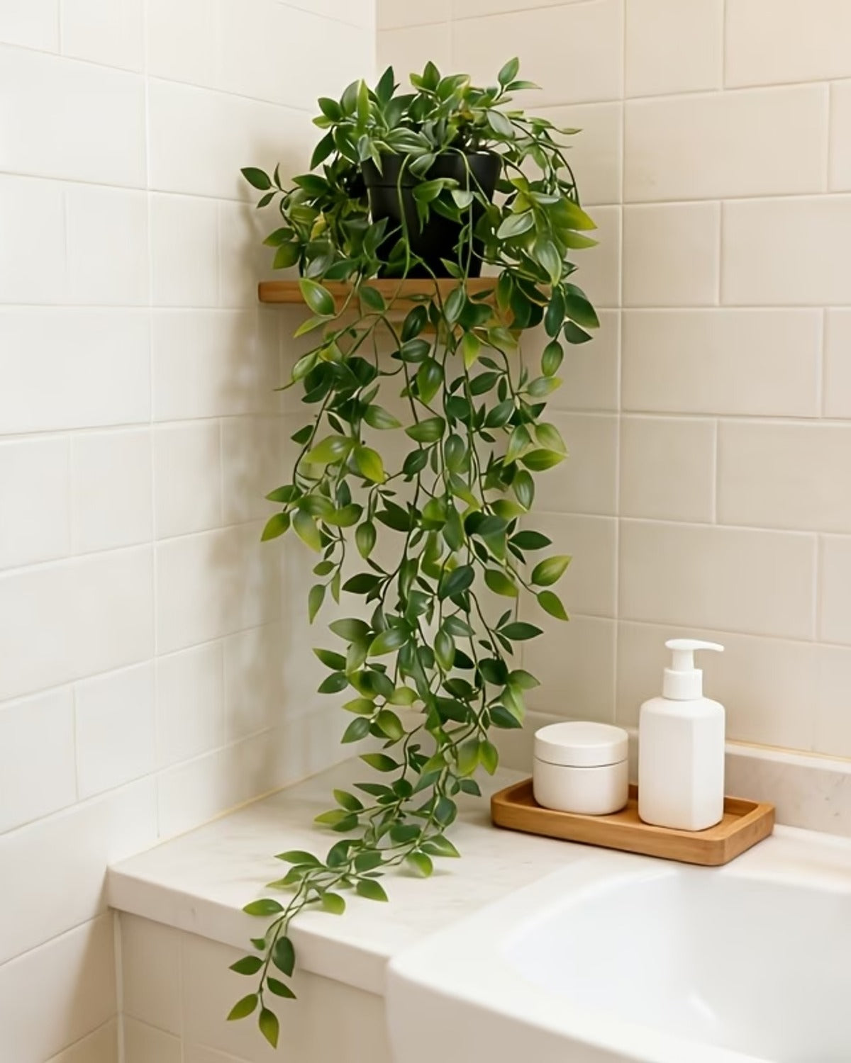 Artificial trailing vine on a small shelf above a bath, its stems falling past the tiles