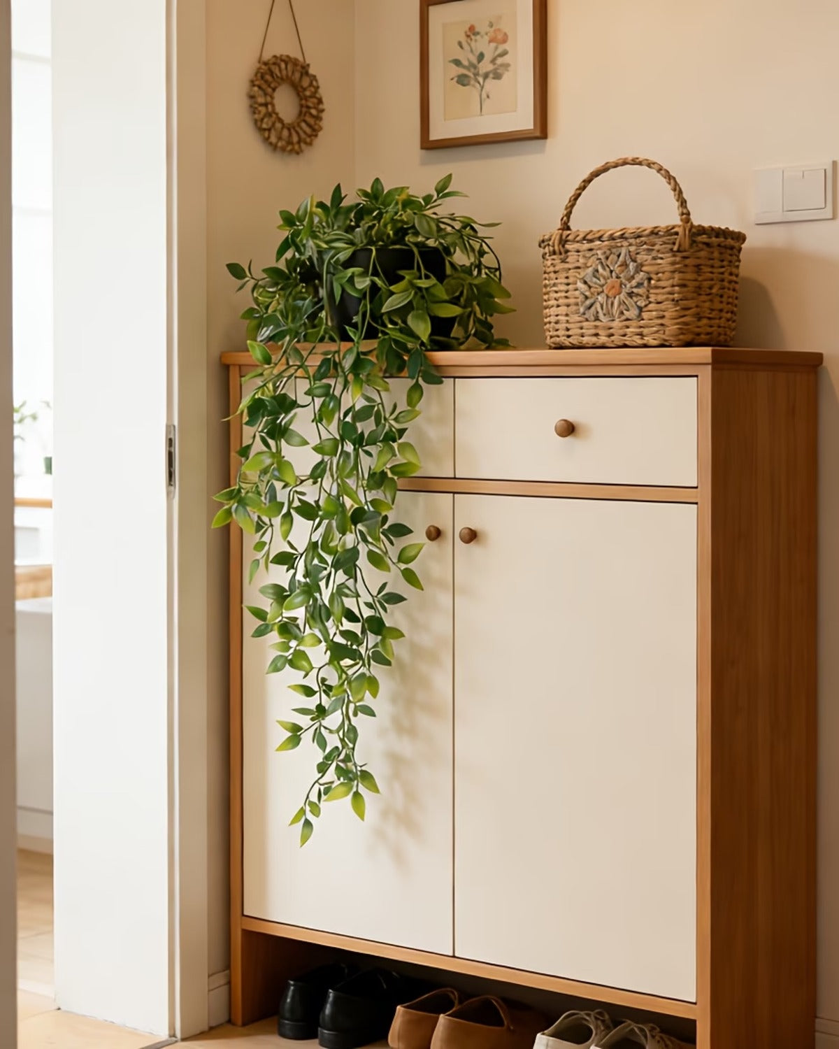 Artificial trailing vine on top of a hallway cabinet beside a woven basket