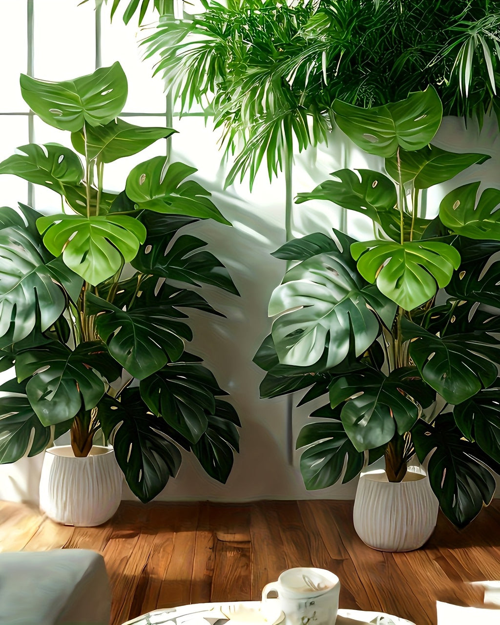 The monstera plants beside a window with other foliage behind; one plant per order (pots not included)