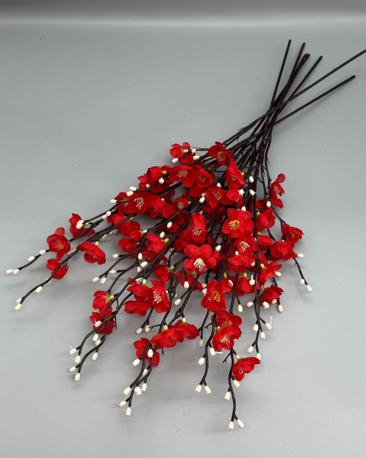 Red plum blossom stems laid flat, showing the full length of the branches
