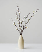 White plum blossom stems in a slim cream vase (vase not included)
