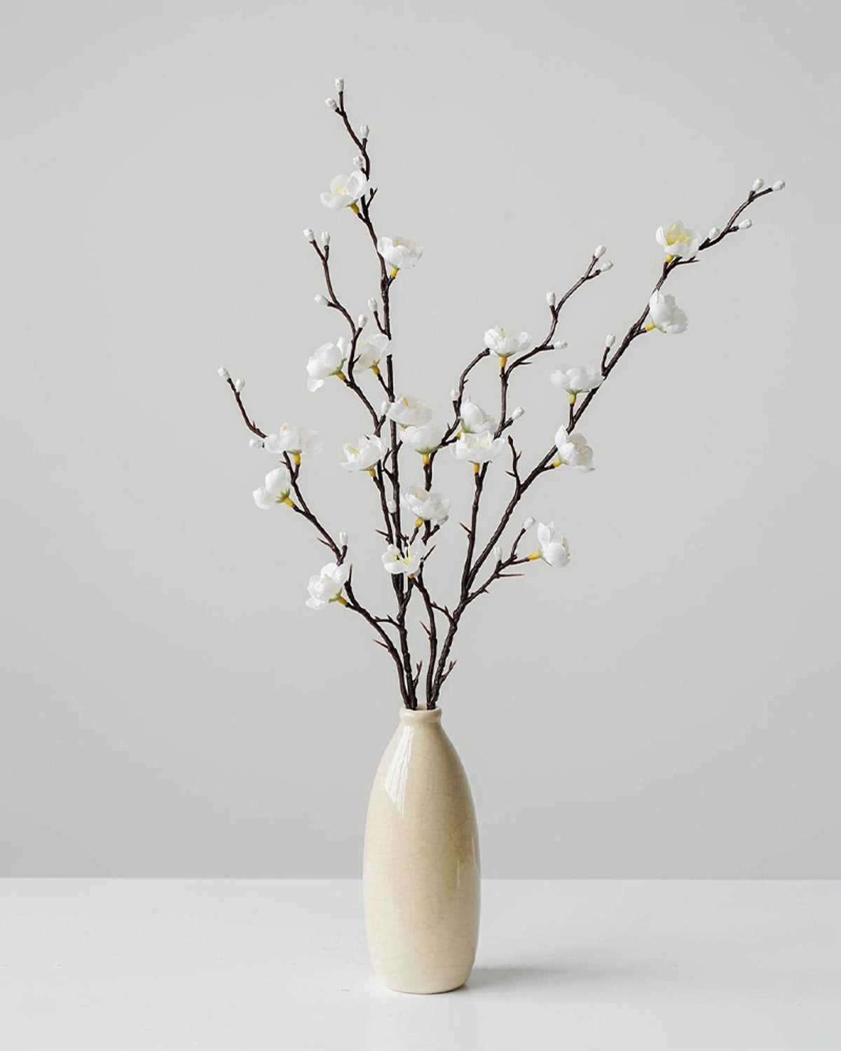 White plum blossom stems in a slim cream vase (vase not included)