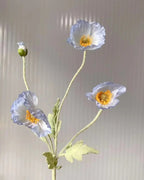A pale blue poppy stem against a ribbed glass background