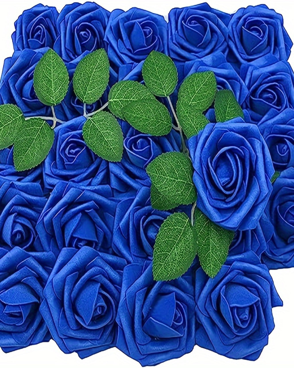 Royal blue foam rose heads with green leaf sprays laid out together