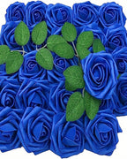 Royal blue foam rose heads with green leaf sprays laid out together