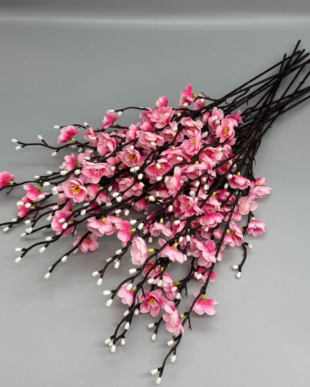 Pink plum blossom stems laid flat, showing the flowers along each branch