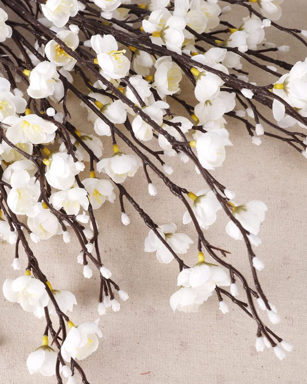 Close view of the white plum blossom flowers against linen