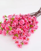 Pink peach blossom laid flat, showing the length of one branch