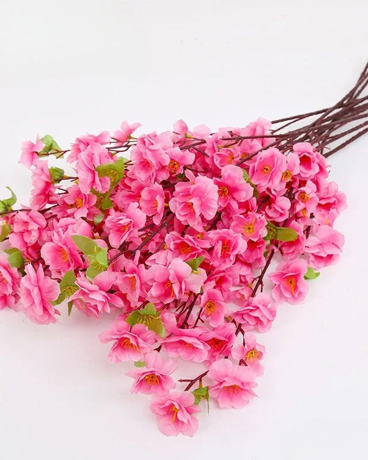 Pink peach blossom laid flat, showing the length of one branch