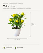 Size guide: artificial lemon bonsai, 9.4 in / 24 cm tall and 7 in / 18 cm across, pot included.