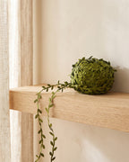 Artificial leaf trim vine draped along an oak shelf and trailing down