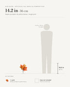 Size guide: maple, pumpkin and yellow leaves pick at 14.2 in, beside a 5 ft 9 in figure