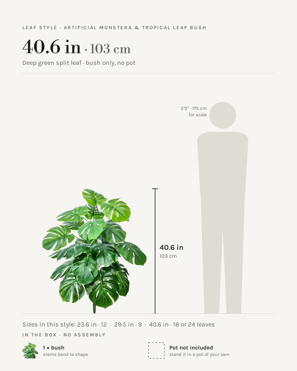 Leaf style: deep green split leaf, shown at 40.6 in beside a 5 ft 9 in figure