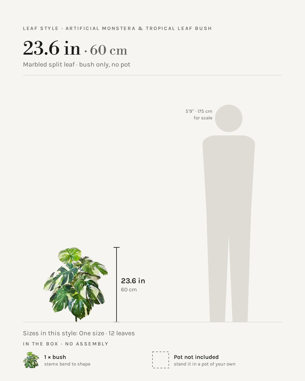 Leaf style: marbled split leaf, shown at 23.6 in beside a 5 ft 9 in figure