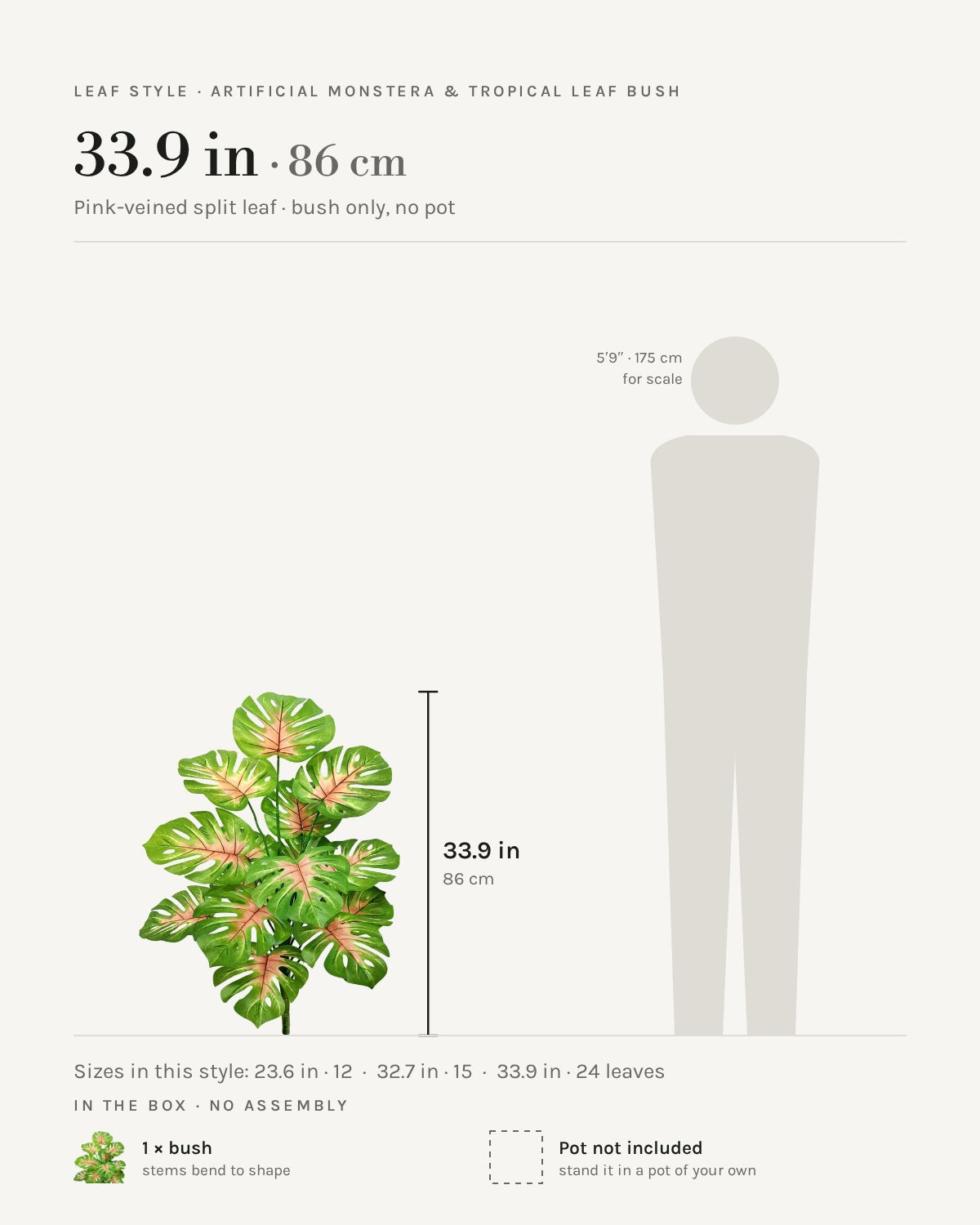 Leaf style: pink-veined split leaf, shown at 33.9 in beside a 5 ft 9 in figure