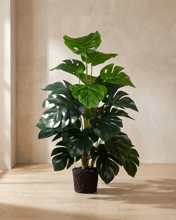 Artificial monstera plant on a pale oak floor against a plaster wall, shown in a plain pot for support, pot not included
