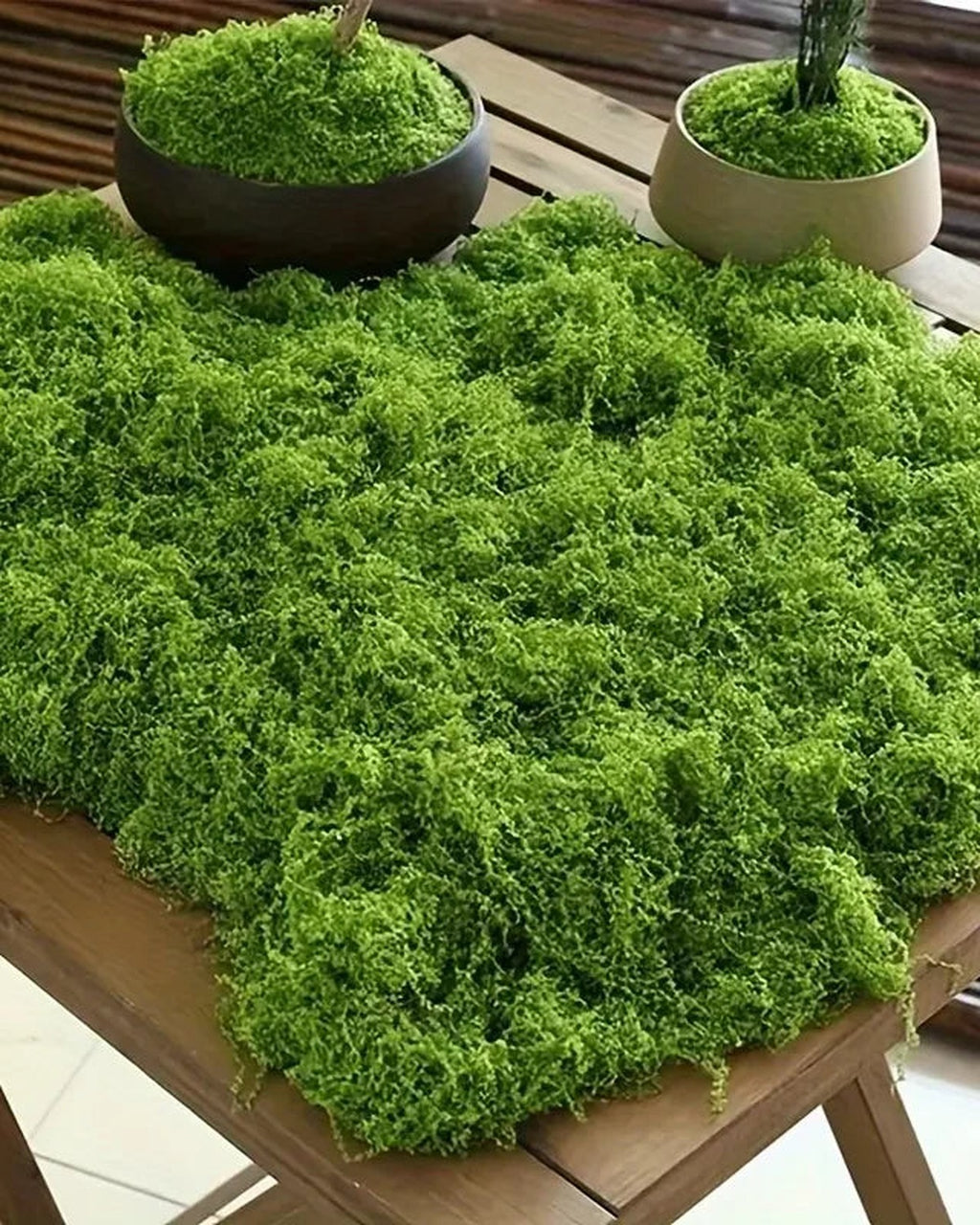 The moss mat used as a table runner. Table and planters not included.