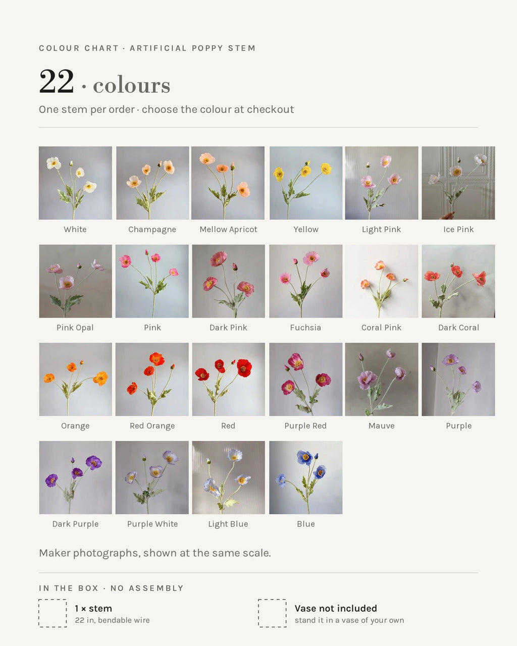 Color chart: the twenty-two poppy colors with their names, all photographed at the same scale