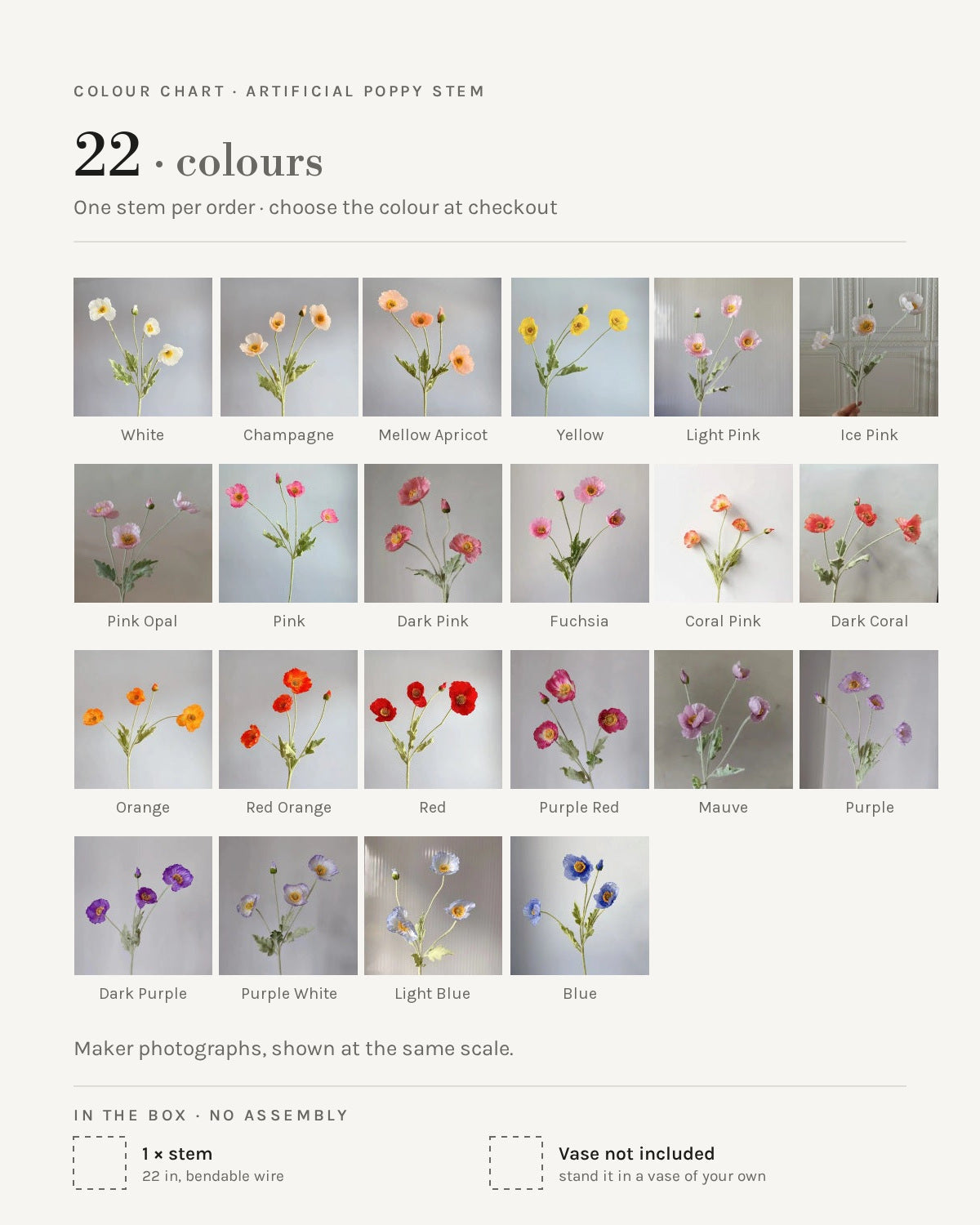 Color chart: the twenty-two poppy colors with their names, all photographed at the same scale