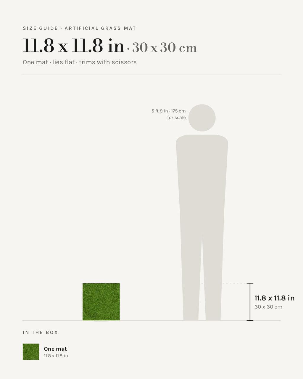 Size guide: artificial grass mat at 11.8 x 11.8 in, beside a 5 ft 9 in figure