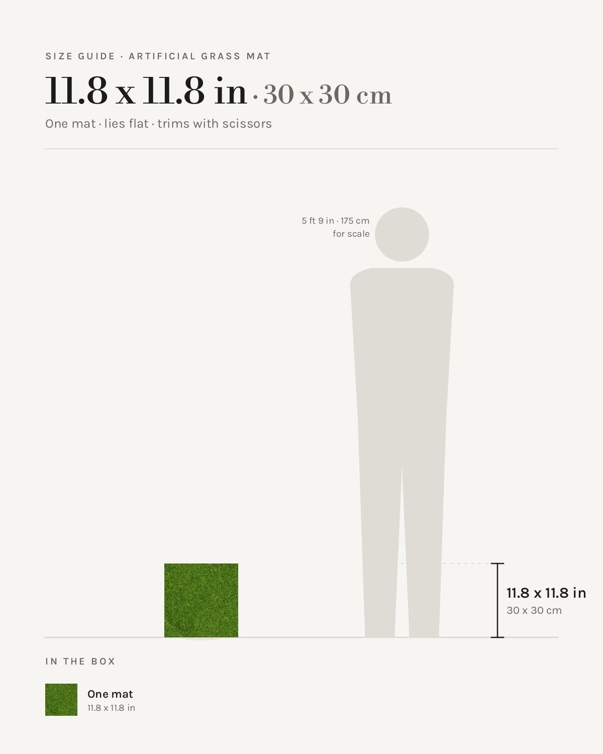 Size guide: artificial grass mat at 11.8 x 11.8 in, beside a 5 ft 9 in figure