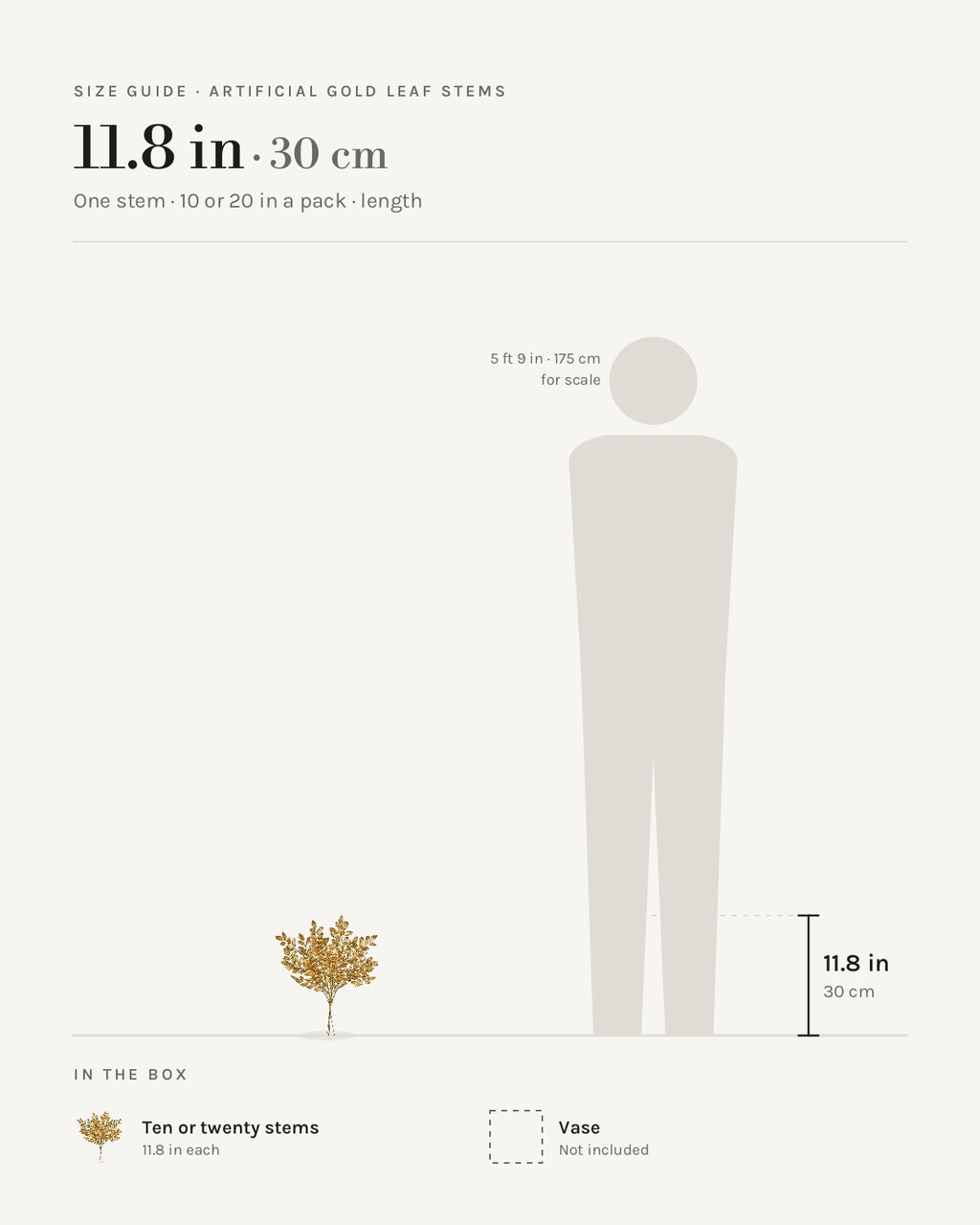 Size guide: artificial gold leaf stems at 11.8 in each, beside a 5 ft 9 in figure