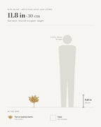 Size guide: artificial gold leaf stems at 11.8 in each, beside a 5 ft 9 in figure