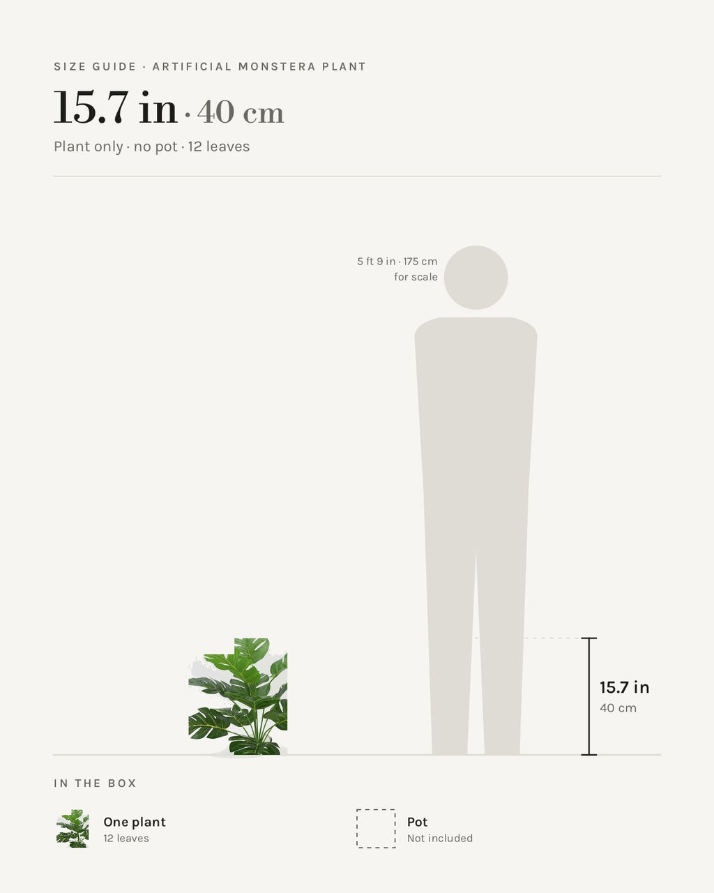Size guide: artificial monstera plant at 15.7 in, beside a 5 ft 9 in figure