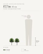 Size guide: artificial mini Christmas tree at 17.7 in overall including the ground spike, beside a 5 ft 9 in figure