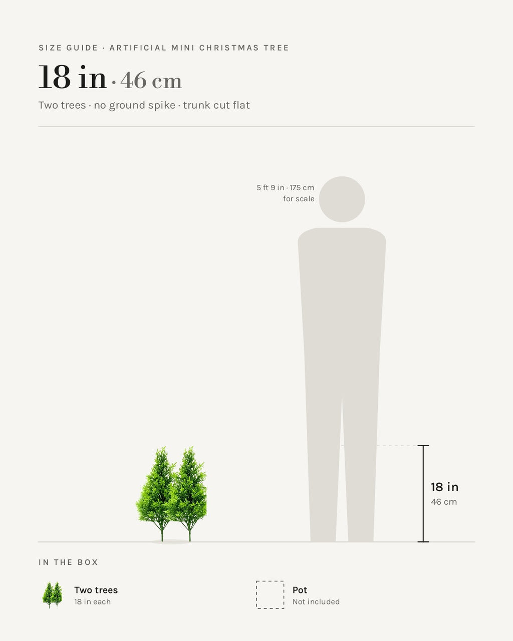 Size guide: artificial mini Christmas tree at 18 in with no ground spike, beside a 5 ft 9 in figure
