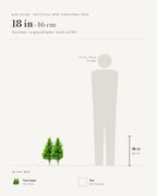 Size guide: artificial mini Christmas tree at 18 in with no ground spike, beside a 5 ft 9 in figure