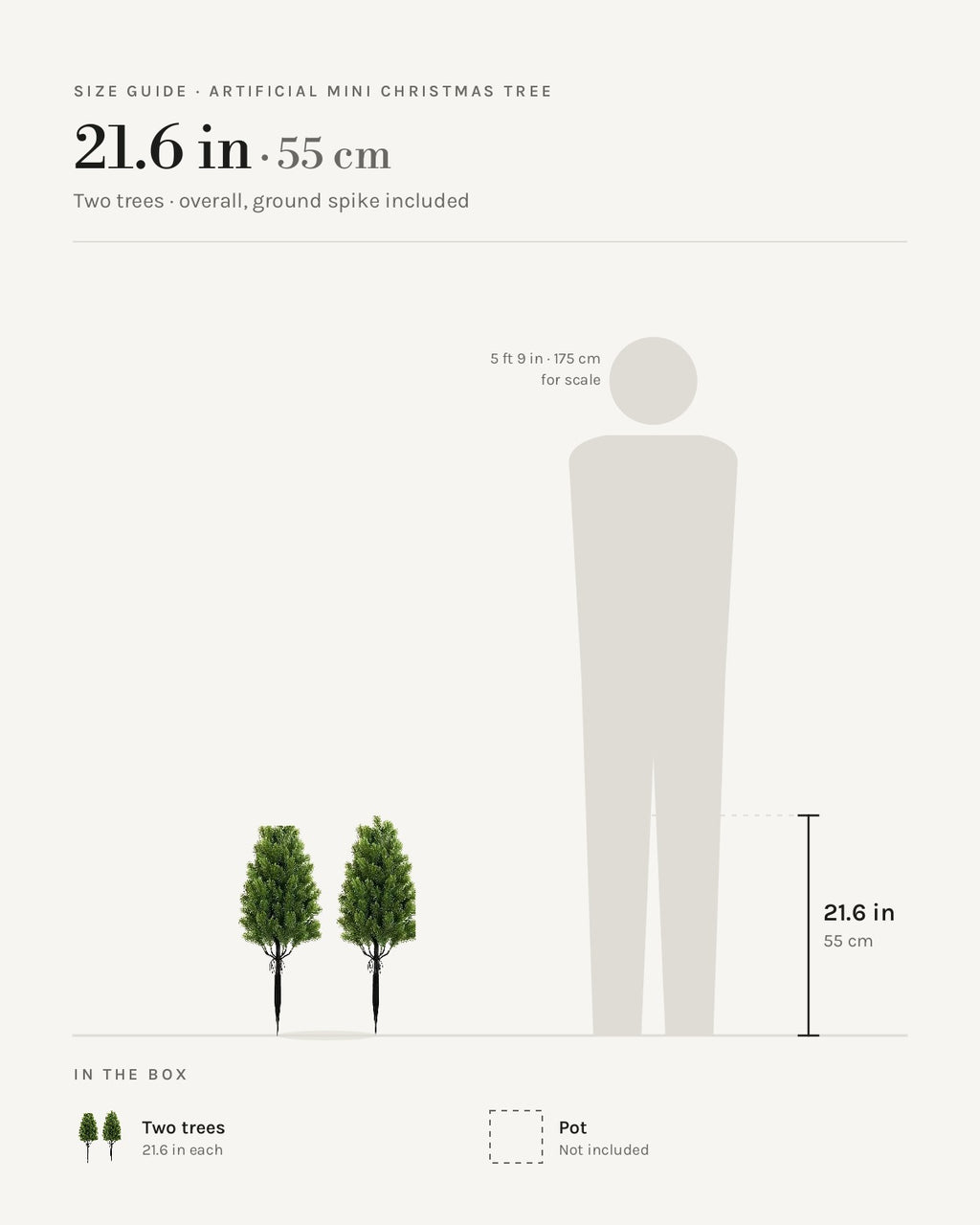 Size guide: artificial mini Christmas tree at 21.6 in overall including the ground spike, beside a 5 ft 9 in figure