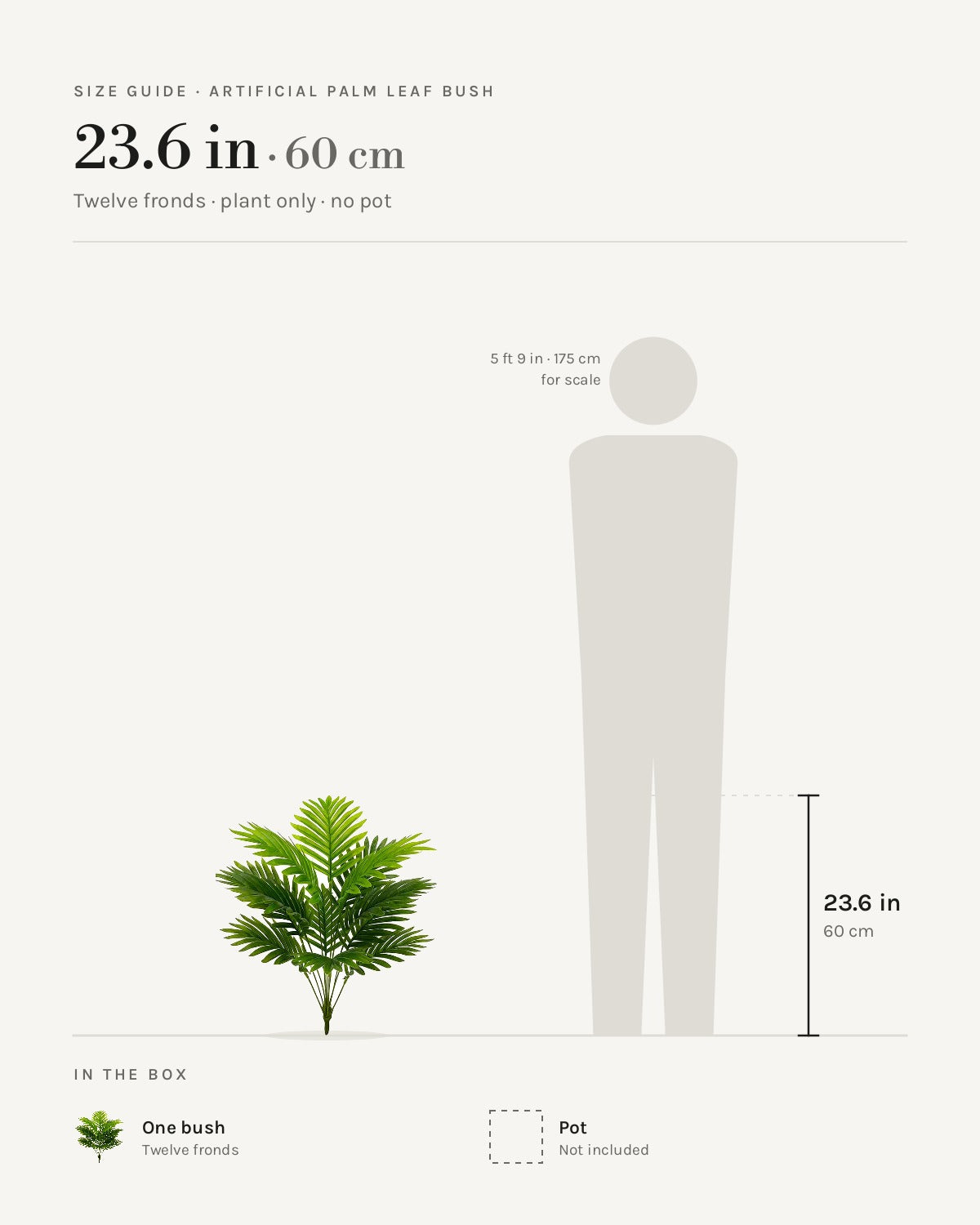 Size guide: artificial palm leaf bush at 23.6 in with twelve fronds, beside a 5 ft 9 in figure