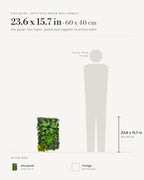 Size guide: artificial green wall panel at 23.6 x 15.7 in, beside a 5 ft 9 in figure