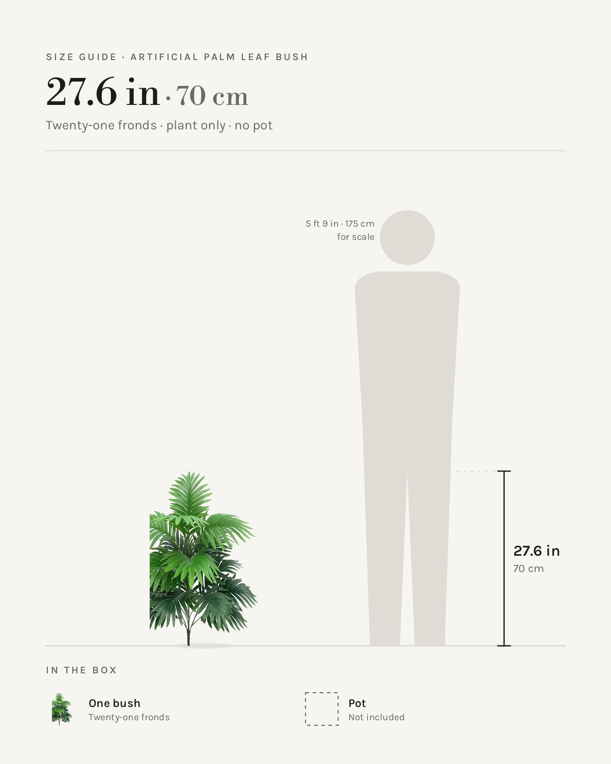 Size guide: artificial palm leaf bush at 27.6 in with twenty-one fronds, beside a 5 ft 9 in figure