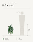 Size guide: artificial palm leaf bush at 31.5 in with eighteen fronds, beside a 5 ft 9 in figure