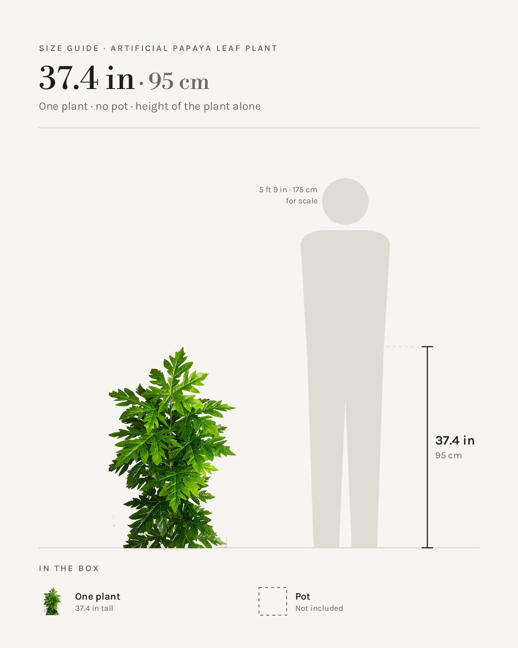 Size guide: artificial papaya leaf plant at 37.4 in, beside a 5 ft 9 in figure