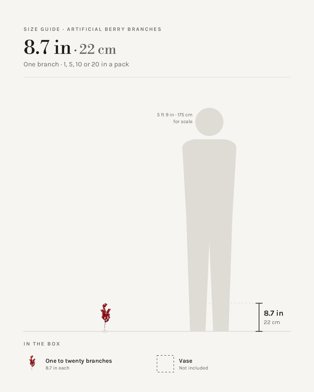 Size guide: artificial berry branch at 8.7 in, beside a 5 ft 9 in figure