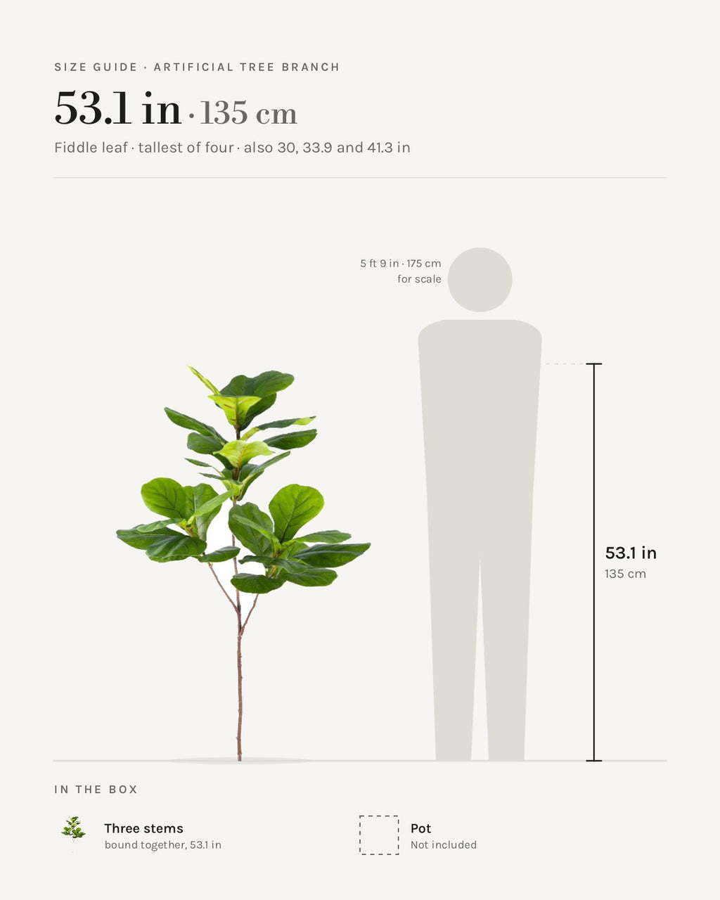 Size guide: fiddle leaf artificial tree branch at 53.1 in, the tallest of its sizes, beside a 5 ft 9 in figure; also 30, 33.9 and 41.3 in