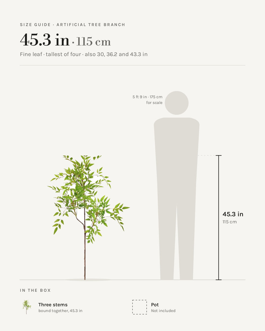 Size guide: fine leaf artificial tree branch at 45.3 in, the tallest of its sizes, beside a 5 ft 9 in figure; also 30, 36.2 and 43.3 in