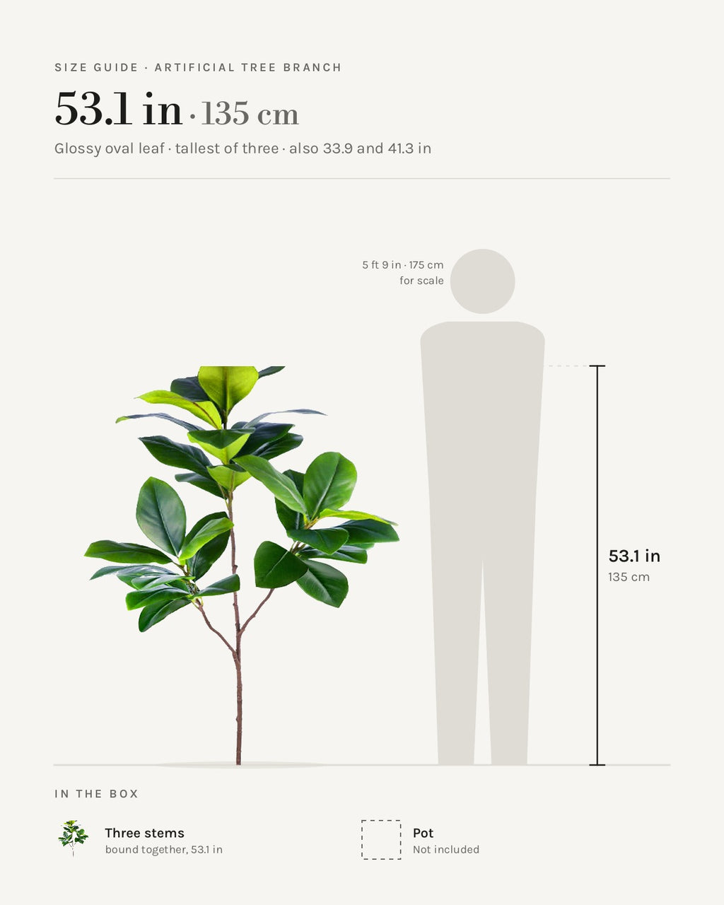 Size guide: glossy oval leaf artificial tree branch at 53.1 in, the tallest of its sizes, beside a 5 ft 9 in figure; also 33.9 and 41.3 in